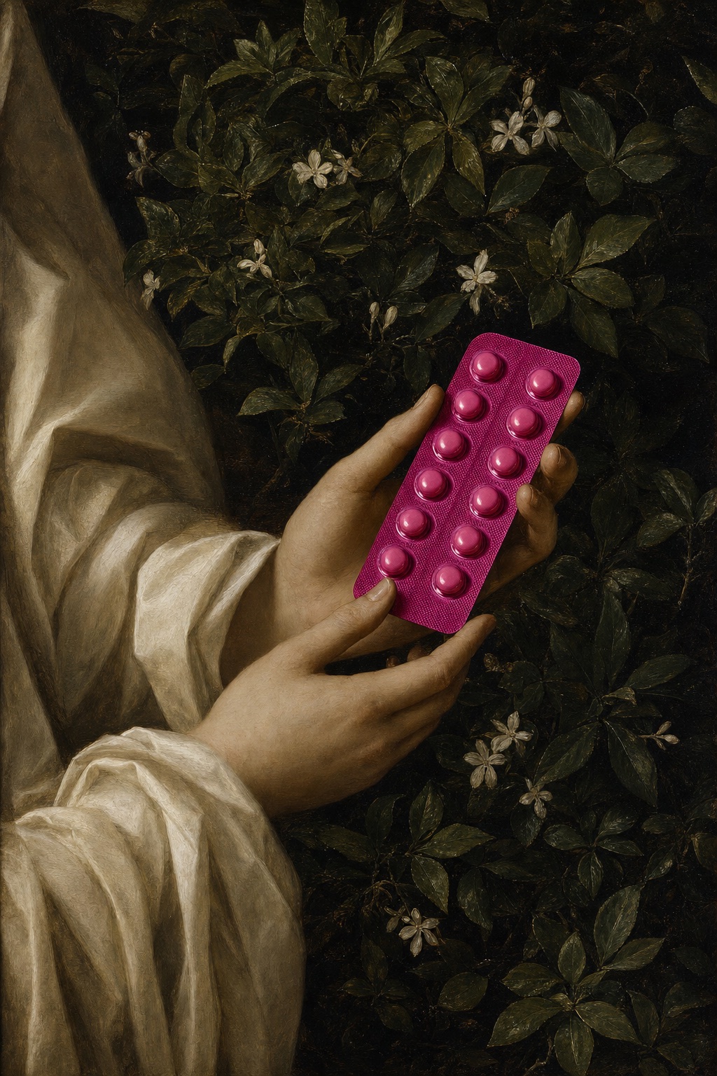Painted hands holding a pink blister pack